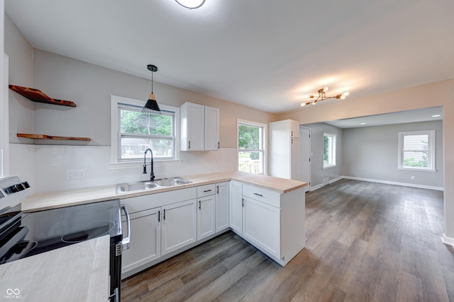 3748 N Olney St, Indianapolis, IN 46218 - kitchen with stainless steel range with electric stovetop, a peninsula, wood finished floors, and healthy amount of natural light
