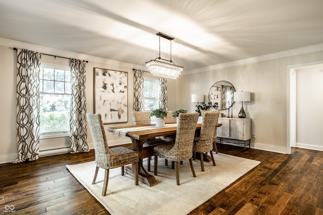 8627 Emerald Ln, Indianapolis, IN 46260 - dining space featuring plenty of natural light, a chandelier, dark wood finished floors, crown molding, and baseboard heating