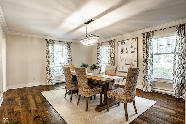 8627 Emerald Ln, Indianapolis, IN 46260 - dining room featuring ornamental molding, dark wood finished floors, a baseboard radiator, and a chandelier
