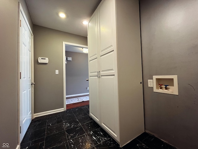 1646 N Nieman Dr, Greensburg, IN 47240 - laundry room with hookup for a washing machine, cabinet space, dark marble finish floors, and recessed lighting