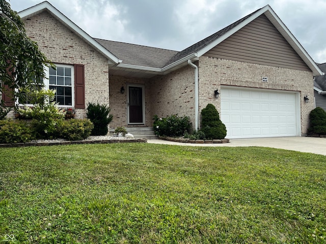 1646 N Nieman Dr, Greensburg, IN 47240 - ranch-style house featuring brick siding, a garage, driveway, a front lawn, and roof with shingles
