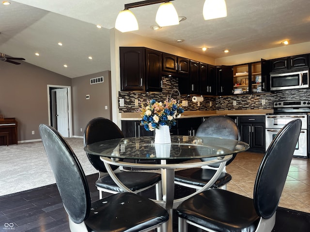 1646 N Nieman Dr, Greensburg, IN 47240 - dining area featuring recessed lighting, a ceiling fan, vaulted ceiling, and light wood-style floors
