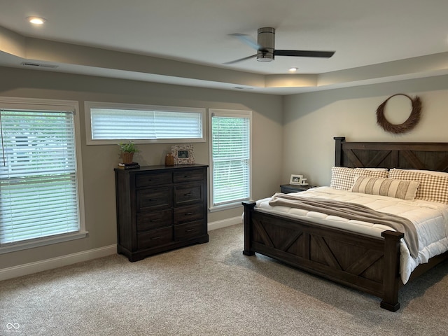 12059 Chapelwood Dr, Fishers, IN 46037 - bedroom with light carpet, a tray ceiling, and a ceiling fan