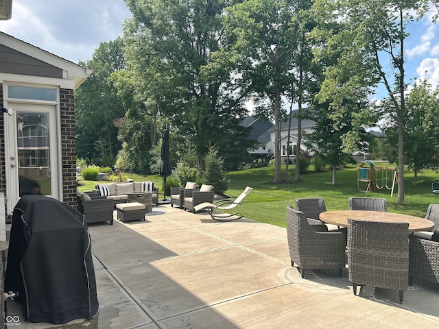 12059 Chapelwood Dr, Fishers, IN 46037 - view of patio / terrace with an outdoor living space, a playground, and outdoor dining area