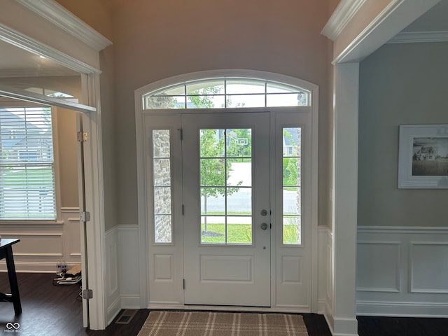 12059 Chapelwood Dr, Fishers, IN 46037 - entryway featuring a decorative wall, dark wood-style flooring, and a wainscoted wall