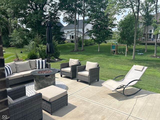 12059 Chapelwood Dr, Fishers, IN 46037 - view of patio featuring an outdoor living space with a fire pit and a playground