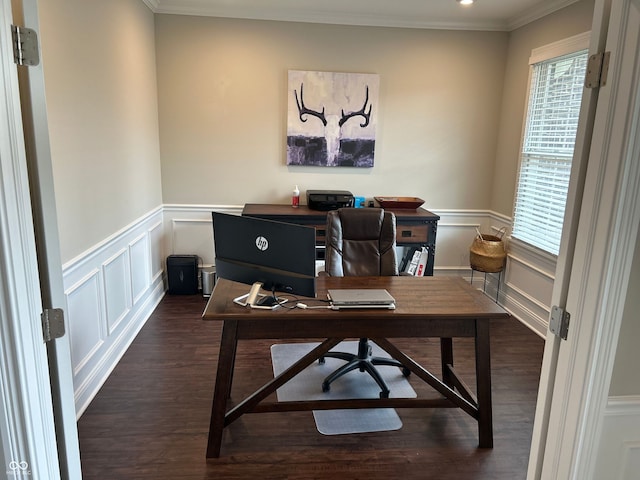 12059 Chapelwood Dr, Fishers, IN 46037 - office area featuring healthy amount of natural light, dark wood-style flooring, crown molding, a wainscoted wall, and a decorative wall