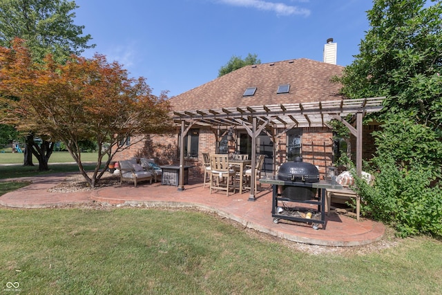 9437 N County Road 225 E, Pittsboro, IN 46167 - rear view of house featuring a pergola, a patio area, a yard, roof with shingles, and brick siding