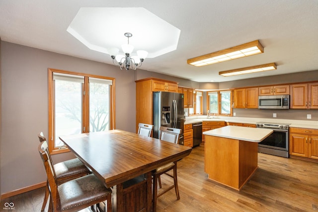 9437 N County Road 225 E, Pittsboro, IN 46167 - kitchen featuring light countertops, a chandelier, stainless steel appliances, a center island, and light wood-type flooring