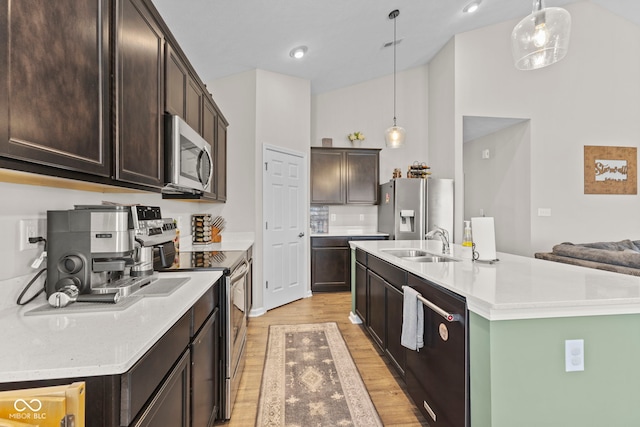 1448 Willow Tree Ln, Sheridan, IN 46069 - kitchen featuring appliances with stainless steel finishes, light wood-type flooring, dark brown cabinetry, and a towering ceiling