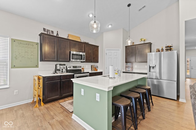 1448 Willow Tree Ln, Sheridan, IN 46069 - kitchen with stainless steel appliances, dark brown cabinetry, light wood-style floors, and lofted ceiling