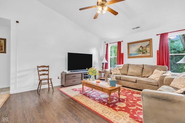 1058 Creekwood Ln, Franklin, IN 46131 - living area featuring ceiling fan, wood finished floors, and high vaulted ceiling
