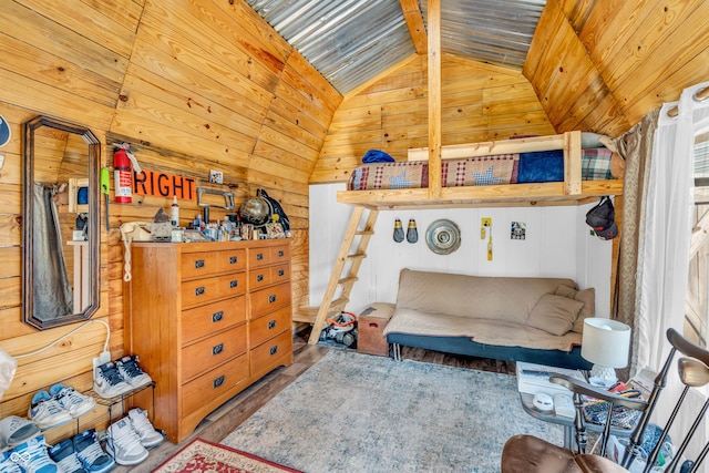 1058 Creekwood Ln, Franklin, IN 46131 - living room with lofted ceiling, wooden walls, wood finished floors, and wood ceiling