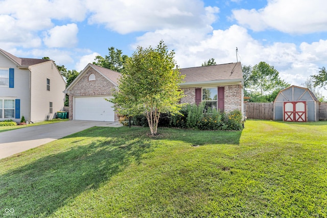 1058 Creekwood Ln, Franklin, IN 46131 - view of front of property with brick siding, concrete driveway, a shed, and a garage