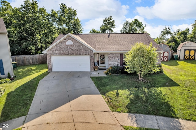 1058 Creekwood Ln, Franklin, IN 46131 - ranch-style home with a storage unit, concrete driveway, a garage, brick siding, and roof with shingles