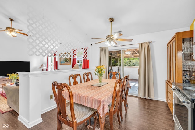1058 Creekwood Ln, Franklin, IN 46131 - dining room with a ceiling fan, dark wood-style flooring, and lofted ceiling