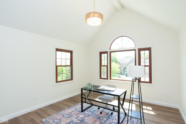 10630 Thorny Rdg Trce, Fishers, IN 46037 - office area featuring wood finished floors, high vaulted ceiling, and beamed ceiling