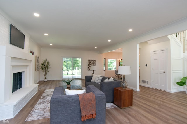 10630 Thorny Rdg Trce, Fishers, IN 46037 - living area with wood finished floors, recessed lighting, crown molding, and a fireplace with raised hearth