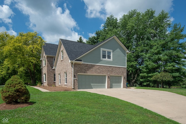 10630 Thorny Rdg Trce, Fishers, IN 46037 - view of side of property with an attached garage, brick siding, driveway, a yard, and roof with shingles
