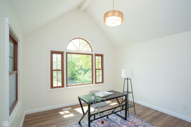10630 Thorny Rdg Trce, Fishers, IN 46037 - home office with wood finished floors, beamed ceiling, and high vaulted ceiling