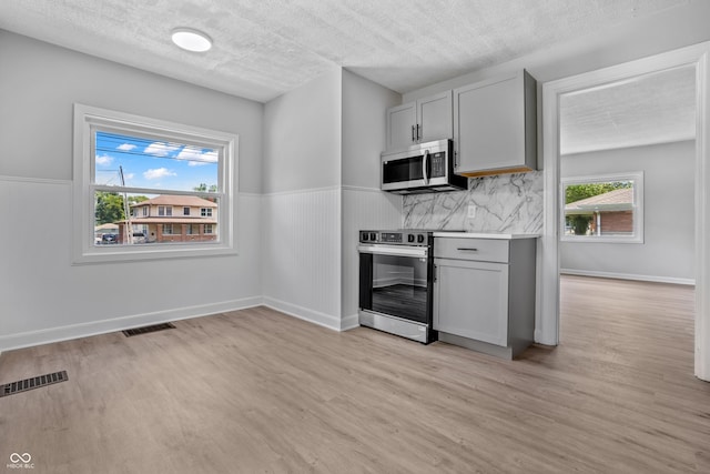 184 N Post Rd, Indianapolis, IN 46219 - kitchen with stainless steel appliances, light wood-type flooring, gray cabinetry, a textured ceiling, and decorative backsplash