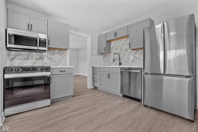 184 N Post Rd, Indianapolis, IN 46219 - kitchen with appliances with stainless steel finishes, gray cabinetry, tasteful backsplash, light wood-type flooring, and light countertops