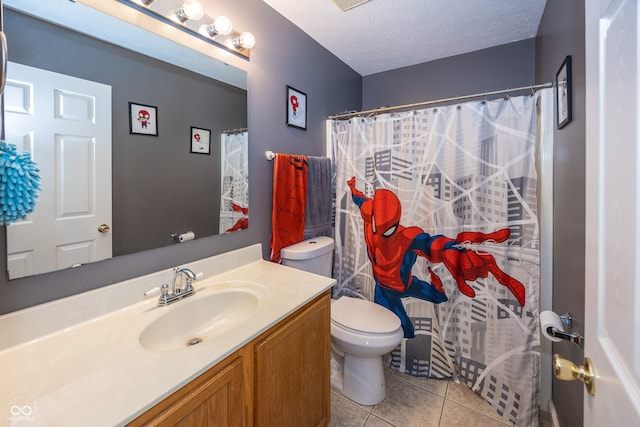 14126 Stonewood Pl, Fishers, IN 46037 - full bathroom featuring tile patterned floors, vanity, a textured ceiling, and curtained shower