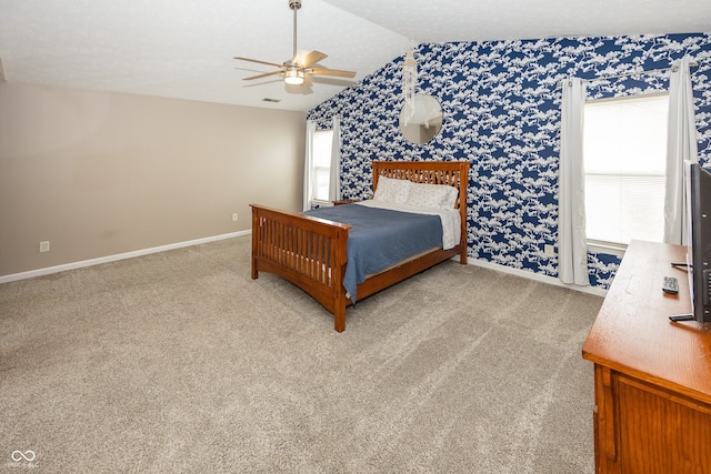 14126 Stonewood Pl, Fishers, IN 46037 - bedroom featuring lofted ceiling, carpet flooring, wallpapered walls, and ceiling fan