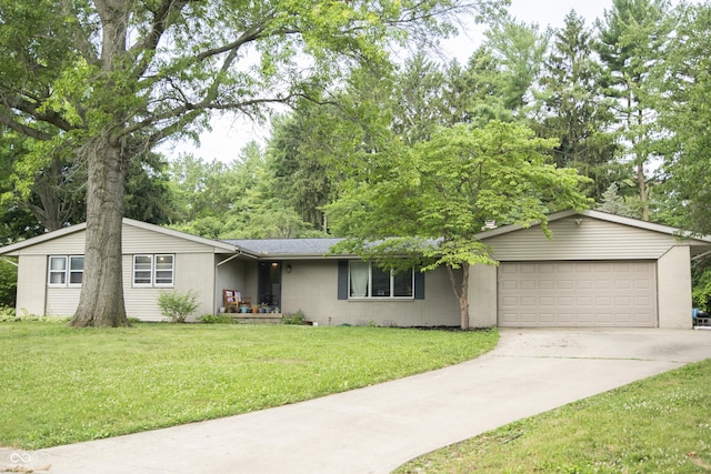 124 Georgton Ct, West Lafayette, IN 47906 - ranch-style house with an attached garage, concrete driveway, concrete block siding, a front yard, and a shingled roof