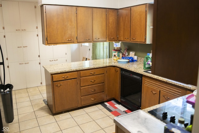 124 Georgton Ct, West Lafayette, IN 47906 - kitchen with brown cabinets, a peninsula, dishwasher, and light tile patterned flooring