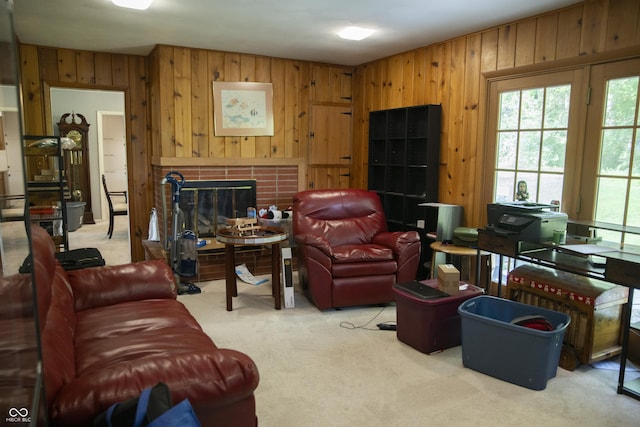 124 Georgton Ct, West Lafayette, IN 47906 - carpeted living room with wood walls and a brick fireplace