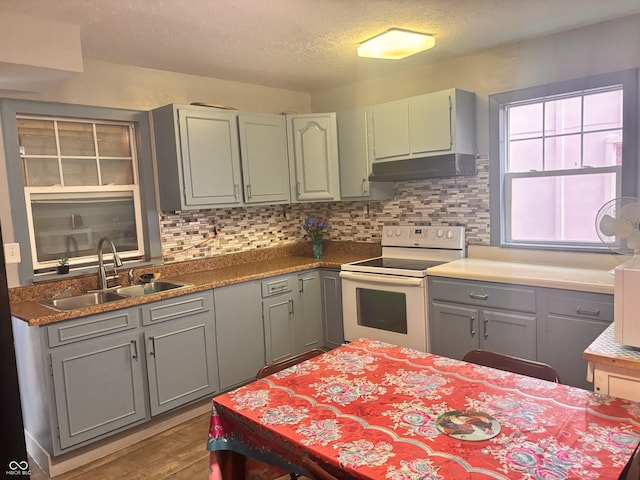 543 N Oakland Ave, Indianapolis, IN 46201 - kitchen with white electric range, under cabinet range hood, a textured ceiling, backsplash, and wood finished floors