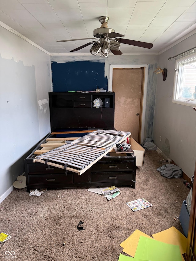 1918 14th St, Columbus, IN 47201 - bedroom featuring ornamental molding, a ceiling fan, and carpet flooring