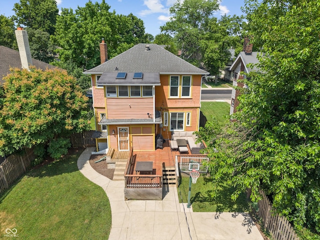 3055 N Washington Blvd, Indianapolis, IN 46205 - rear view of house with an outdoor living space, roof with shingles, a fenced backyard, a wooden deck, and a chimney