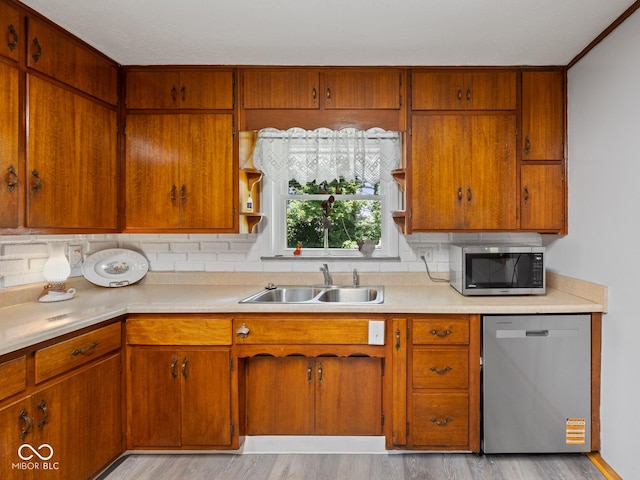5530 Skyridge Dr, Indianapolis, IN 46250 - kitchen featuring stainless steel appliances, open shelves, light countertops, and backsplash