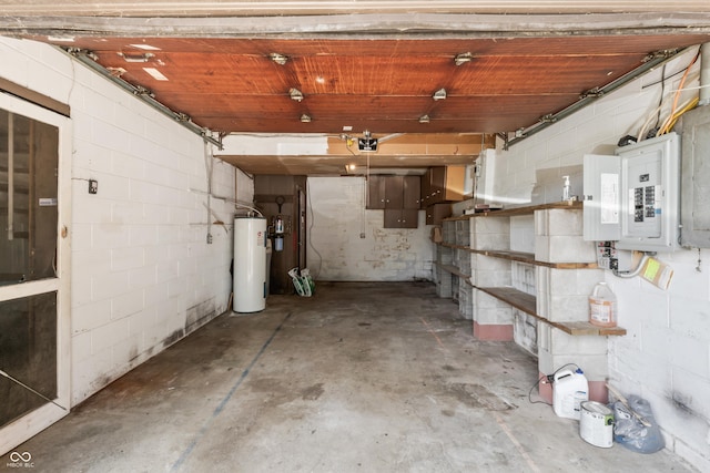 19120 Tomlinson Rd, Westfield, IN 46074 - garage with water heater, electric panel, a garage door opener, and concrete block wall