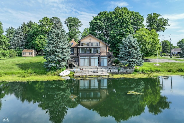 19120 Tomlinson Rd, Westfield, IN 46074 - rear view of property with a water view, stairs, a yard, and an outdoor structure