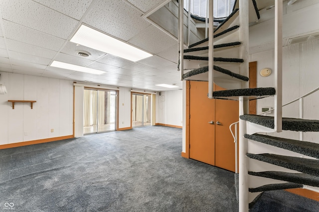 19120 Tomlinson Rd, Westfield, IN 46074 - below grade area with carpet flooring, stairway, and a drop ceiling