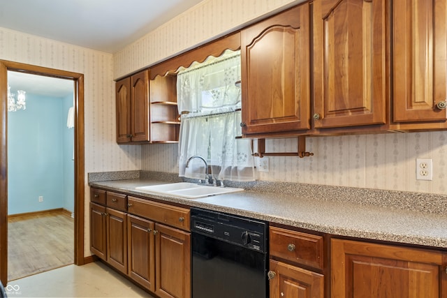 2635 15th St, Columbus, IN 47201 - kitchen featuring black dishwasher, wallpapered walls, brown cabinets, and open shelves