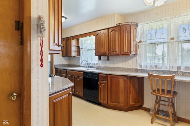2635 15th St, Columbus, IN 47201 - kitchen featuring wallpapered walls, dishwasher, open shelves, and brown cabinets