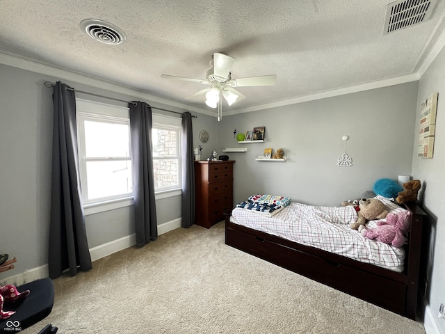 215 N Main St, Batesville, IN 47006 - carpeted bedroom featuring ornamental molding, a textured ceiling, and ceiling fan