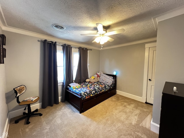 215 N Main St, Batesville, IN 47006 - carpeted bedroom with ornamental molding, a textured ceiling, and ceiling fan