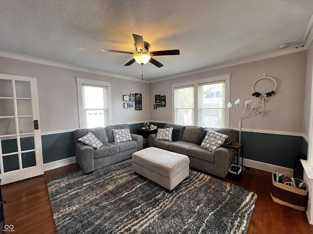 215 N Main St, Batesville, IN 47006 - living room with healthy amount of natural light, wood finished floors, ceiling fan, a textured ceiling, and crown molding