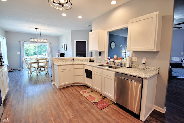 6362 W Friends Way Ct, Paragon, IN 46166 - kitchen featuring dishwasher, a chandelier, wood finished floors, white cabinetry, and recessed lighting