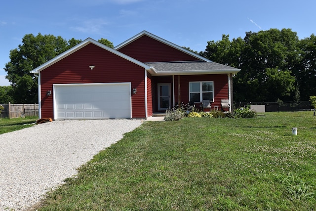 6362 W Friends Way Ct, Paragon, IN 46166 - view of front of house with gravel driveway, a porch, and a garage