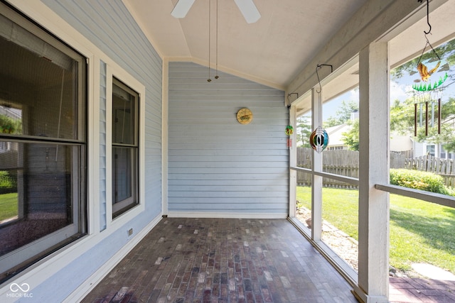 10721 Chesapeake Dr S, Indianapolis, IN 46236 - unfurnished sunroom featuring vaulted ceiling, a ceiling fan, and healthy amount of natural light