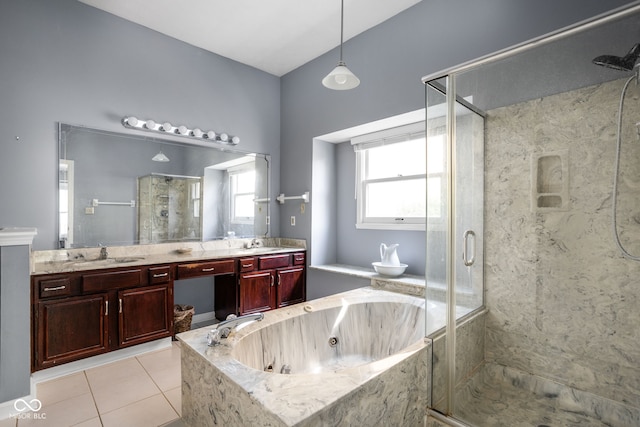 10721 Chesapeake Dr S, Indianapolis, IN 46236 - full bath with a marble finish shower, a whirlpool tub, double vanity, and tile patterned flooring