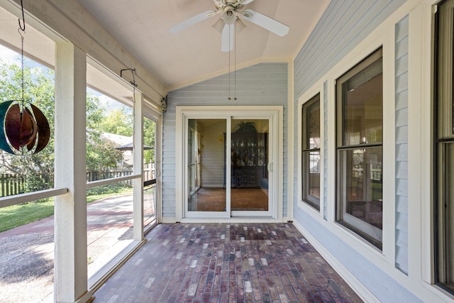 10721 Chesapeake Dr S, Indianapolis, IN 46236 - unfurnished sunroom featuring ceiling fan and lofted ceiling