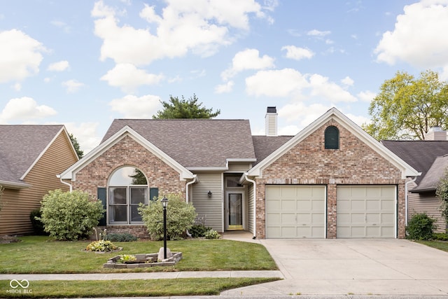 10721 Chesapeake Dr S, Indianapolis, IN 46236 - view of front facade featuring a garage, driveway, brick siding, a front lawn, and roof with shingles