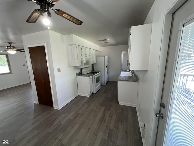 1615 S 9th Ave, Beech Grove, IN 46107 - kitchen featuring white appliances, ceiling fan, dark wood finished floors, white cabinets, and dark countertops